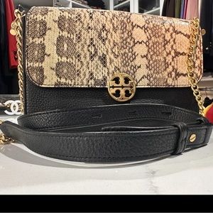 Tory Burch snakeskin & pebble caviar leather gold chain crossbody bag